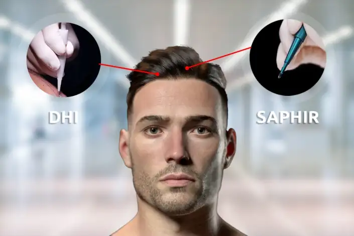 ▷ Technique combinée greffe de cheveux FUE Saphir et DHI